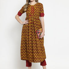Indibelle Maroon cotton A-line kurta 