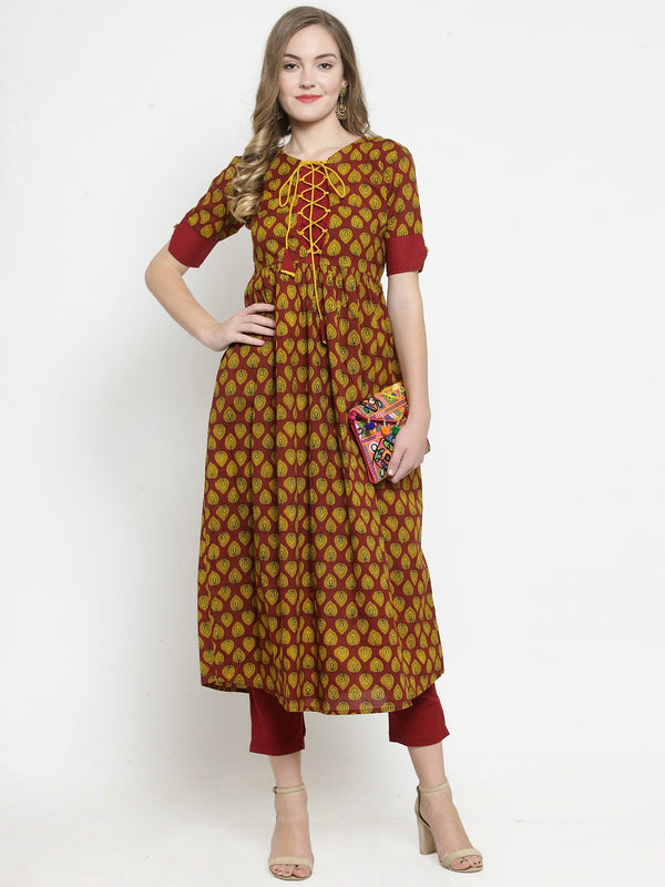 Indibelle Maroon cotton A-line kurta 