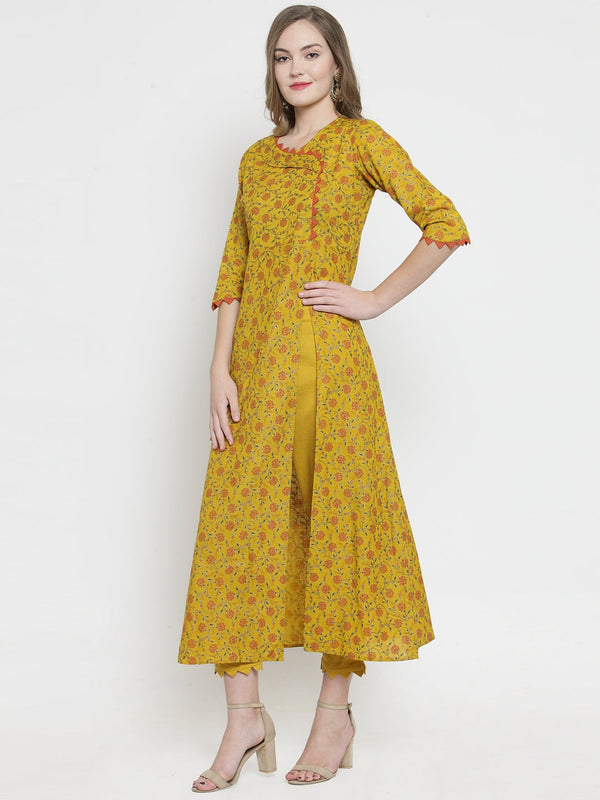 Indibelle Mustard Rayon Slub Florel Gold Print A-line Kurta set