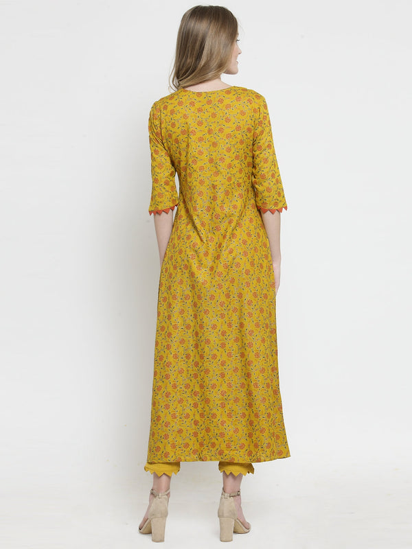 Indibelle Mustard Rayon Slub Florel Gold Print A-line Kurta set
