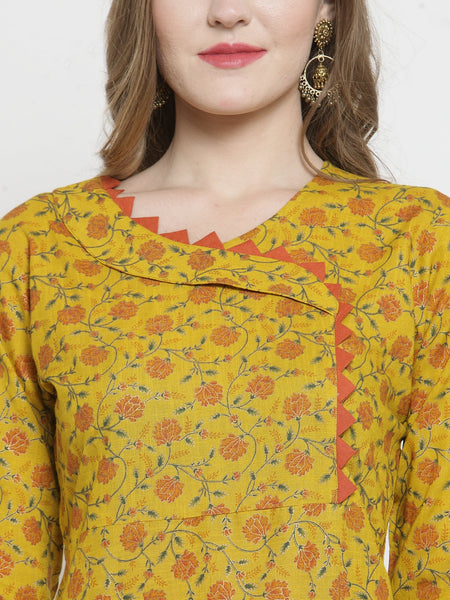 Indibelle Mustard Rayon Slub Florel Gold Print A-line Kurta set