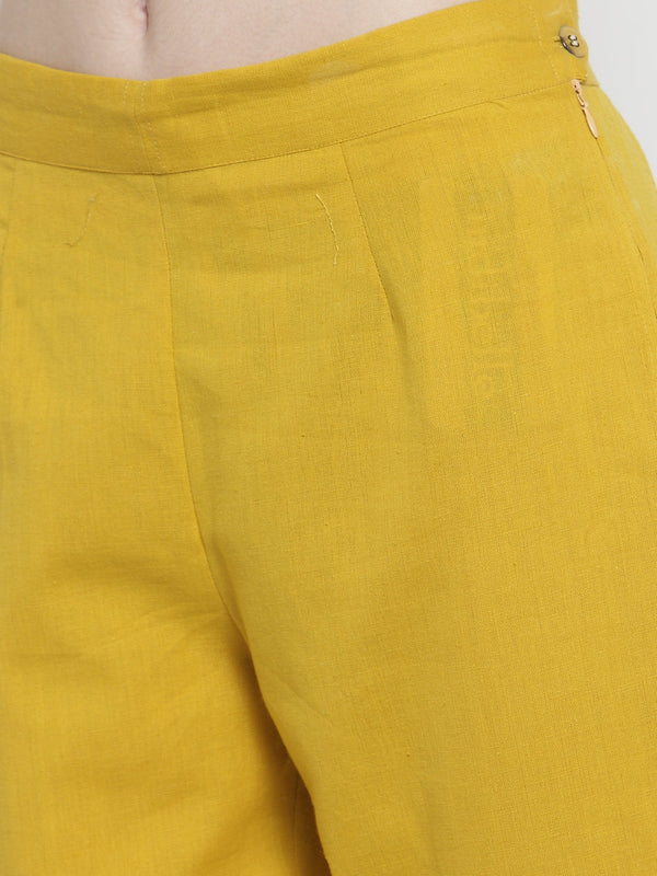 Indibelle Mustard Rayon Slub Florel Gold Print A-line Kurta set