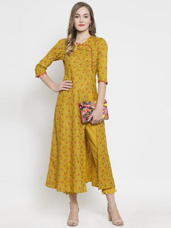 Indibelle Mustard Rayon Slub Florel Gold Print A-line Kurta set