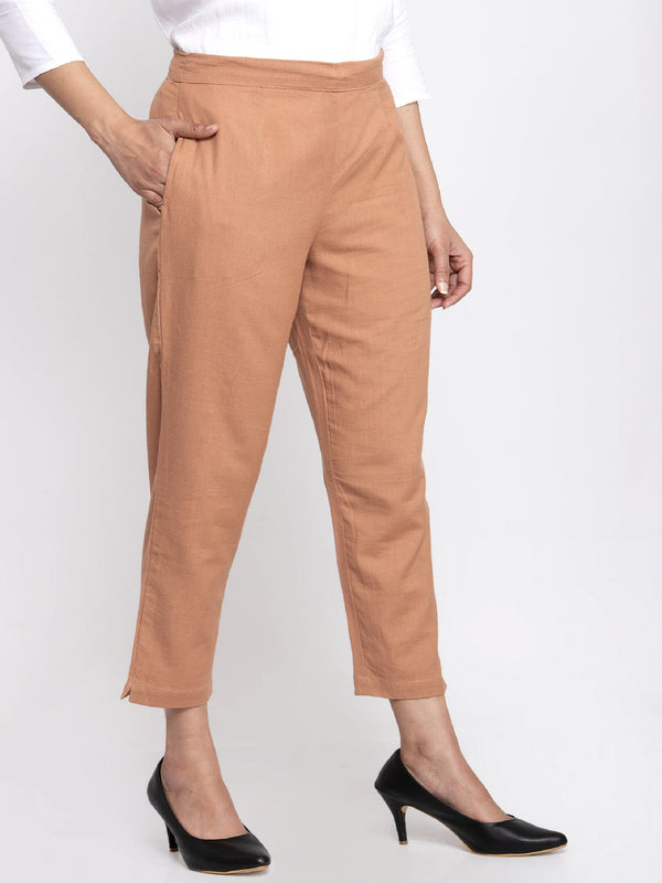 Indibelle Cotton Solid Peach Trousers