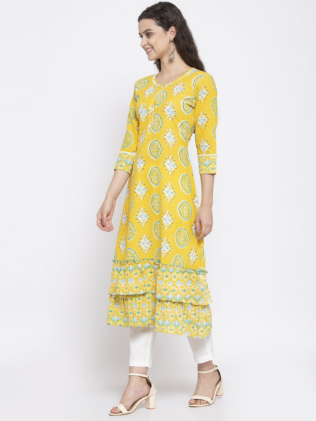 Indibelle Cotton Yellow booti print A-Line Kurta set