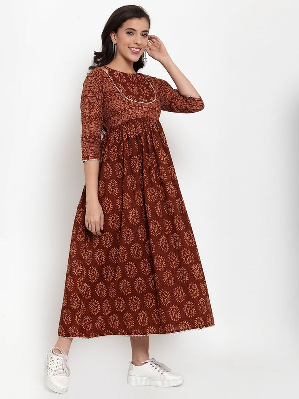 Indibelle Cotton Brown Paisley Print A-Line Dress