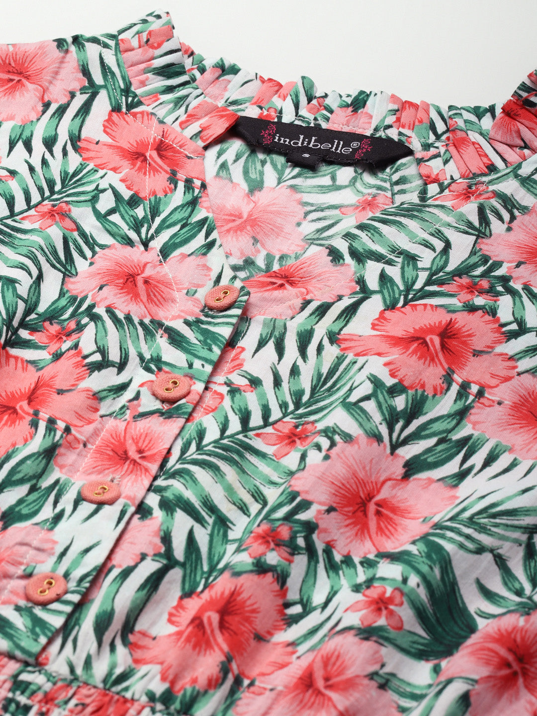 Indibelle Cotton White Tropical Print A-Line Dress