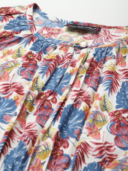 Indibelle Rayon Blue Tropical Print Flared Dress
