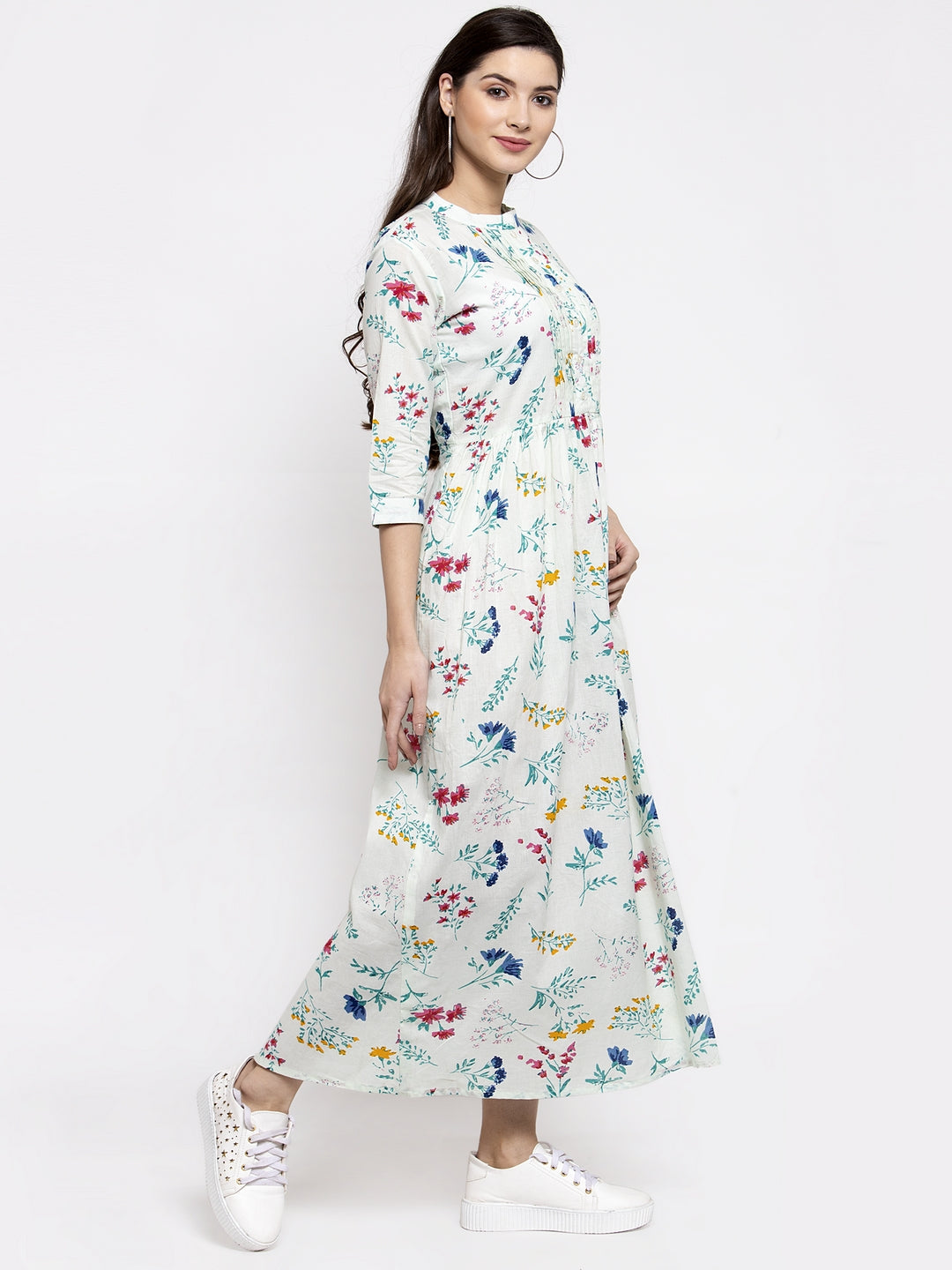 Indibelle cotton Light Green floral print A-line Dress