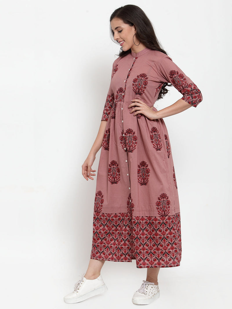 Indibelle cotton Block print A-Line Dress (Purple)