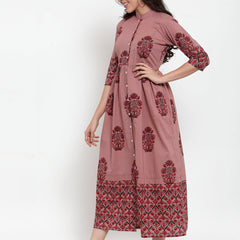 Indibelle cotton Block print A-Line Dress (Purple)