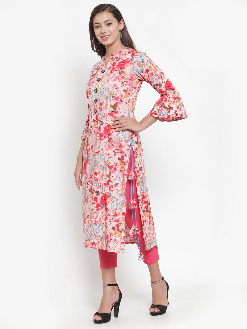 Indibelle Women Pink Rayon Slub Abstract Print Straight Kurta