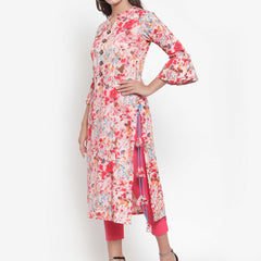 Indibelle Women Pink Rayon Slub Abstract Print Straight Kurta