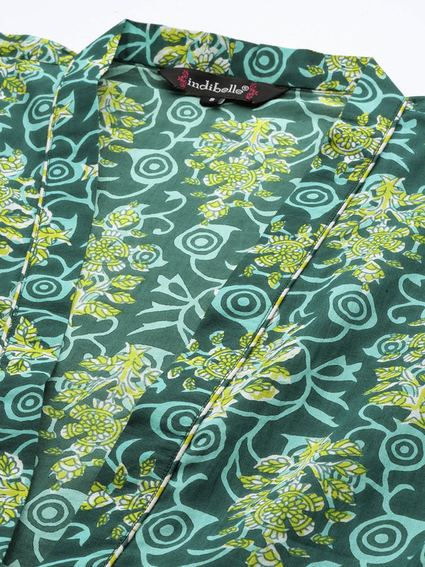 Indibelle Cotton Green Floral Print Shrug/Cape