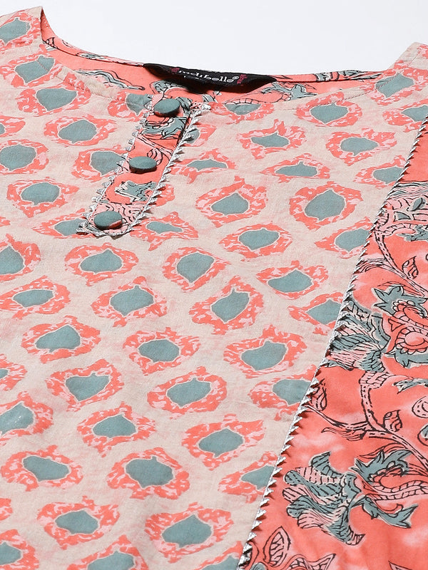 Indibelle Cotton Round Neck Floral Print A-Line Kurta Pant With Dupatta (Peach)