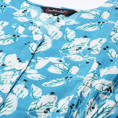 Indibelle Cotton Floral Print Button A-Line Dress (Sky Blue)