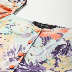 Indibelle Cotton Sky Blue Floral Print A-Line Dress