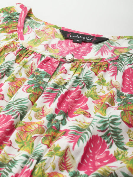 Indibelle Rayon Pink Tropical Print Flared Dress