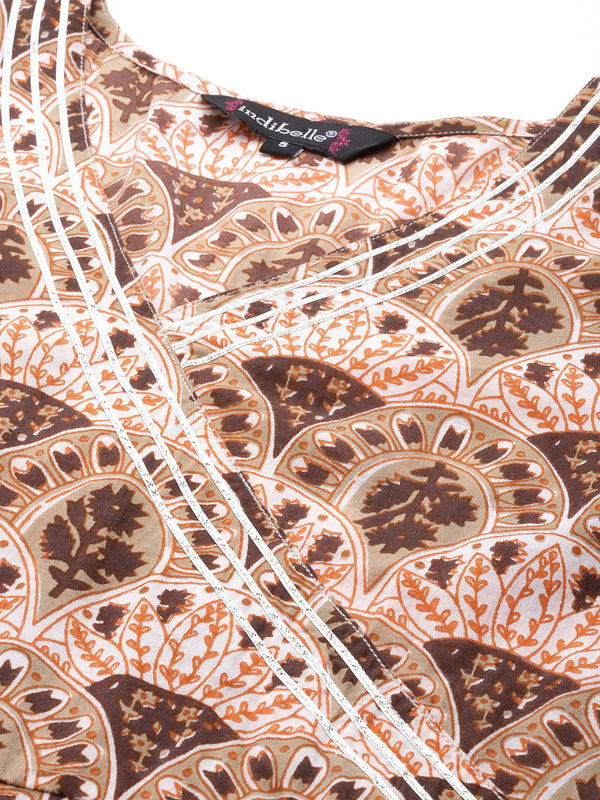 Indibelle Cotton Floral print A-Line Kurta Pant With Dupatta (Brown)