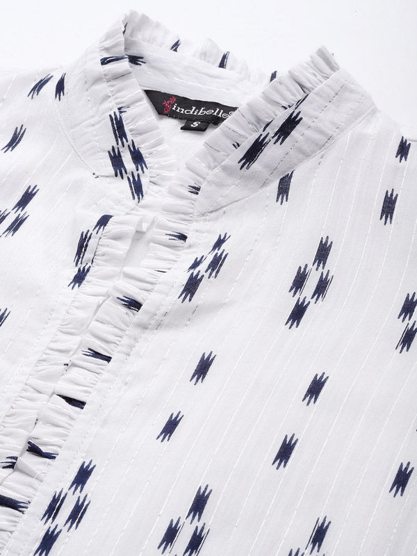 Indibelle Cotton Lurex White Ikat Print Kurta set