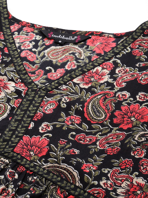 Indibelle Cotton Black Floral Paisley print Nayra Cut Kurta Set
