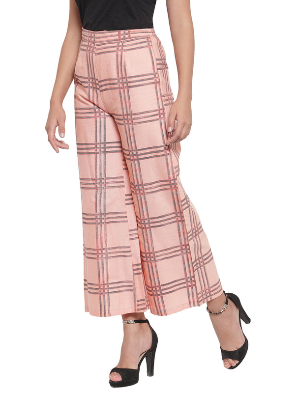 Indibelle Cotton Checkered Printed Plazzo Pants (Peach)