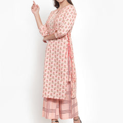 Indibelle Women Peach Cotton Flax Floral Print Straight Kurta set