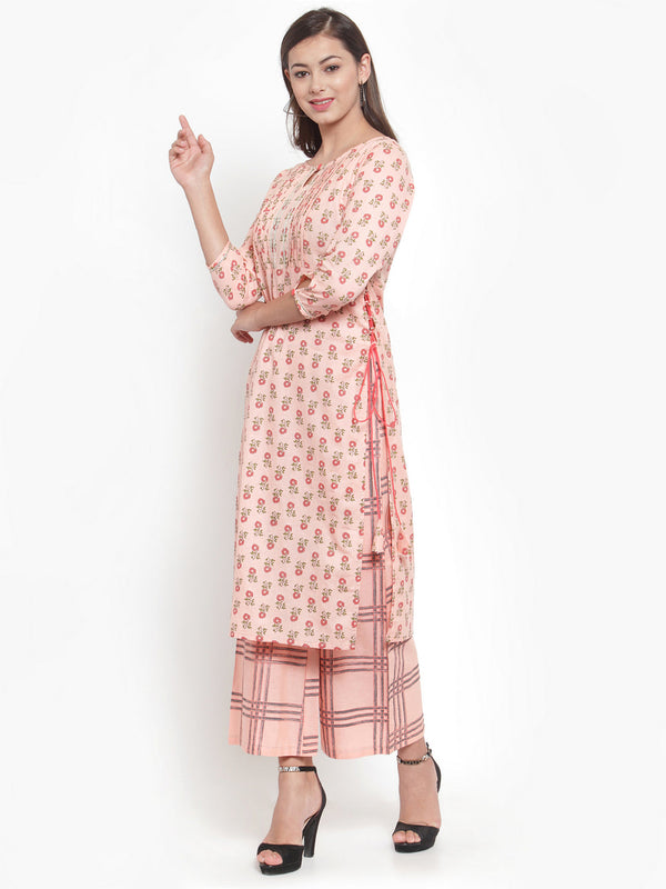 Indibelle Women Peach Cotton Flax Floral Print Straight Kurta set