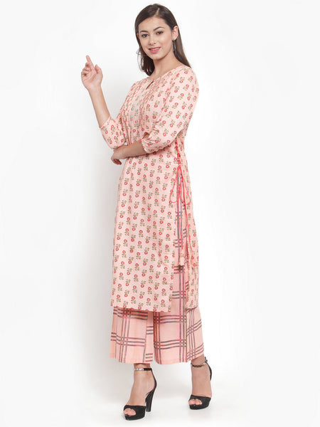 Indibelle Women Peach Cotton Flax Floral Print Straight Kurta