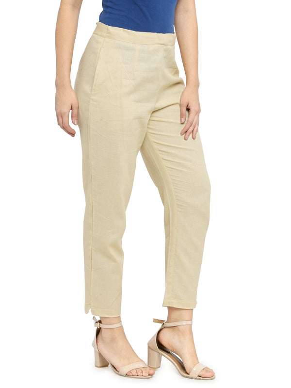 Indibelle Cotton Solid Cream Trousers