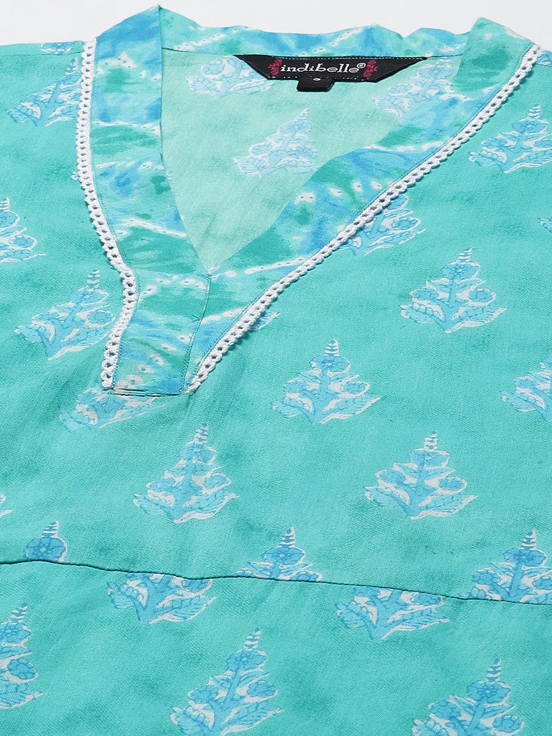 Indibelle Cotton V Neck Floral Print Straight Kurta (Teal)