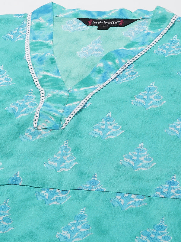 Indibelle Cotton V Neck Floral Print Straight Kurta (Teal)
