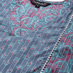 Indibelle Cotton Lurex Blue Pink Floral Print Kurta