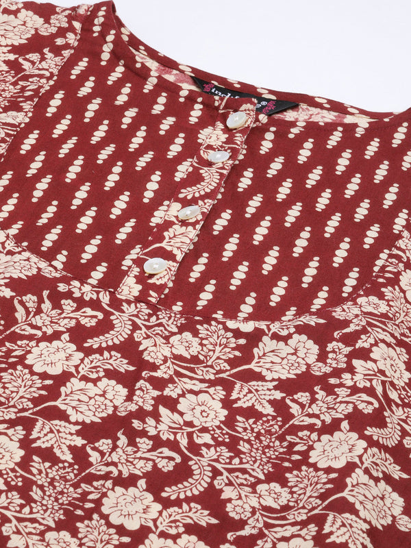 Indibelle Cotton Maroon Floral Print Straight Kurta set