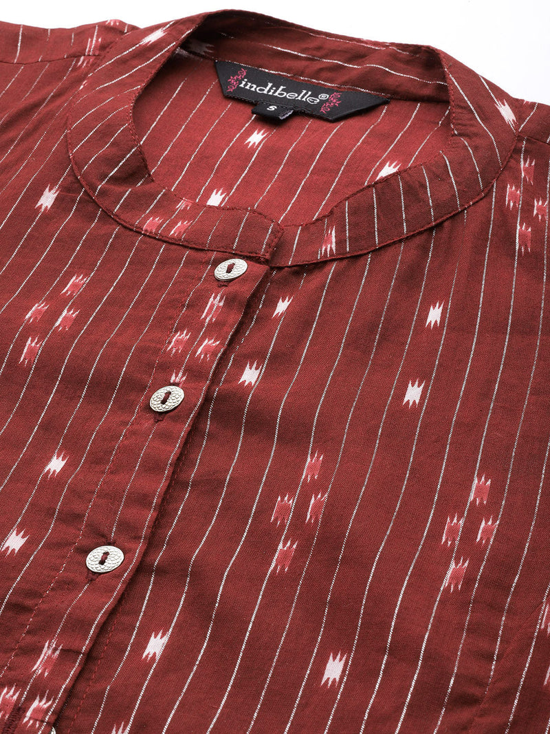Indibelle Cotton Lurex Maroon Ikat Print A-Line Kurta