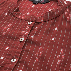 Indibelle Cotton Lurex Maroon Ikat Print A-Line Kurta