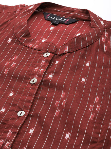 Indibelle Cotton Lurex Maroon Ikat Print A-Line Kurta