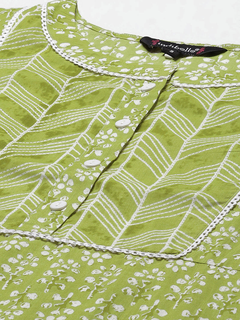 Indibelle Cotton Front Neck Floral Print Straight Kurta
