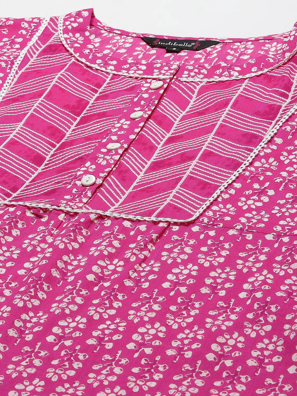Indibelle Cotton Front Neck Floral Print Straight Kurta (Pink)