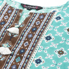 Indibelle Cotton Teal Brown Floral Print Kurta Pant With Dupatta (Teal)