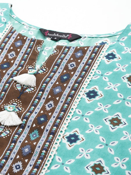 Indibelle Cotton Teal Brown Floral Print Kurta Pant With Dupatta (Teal)
