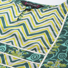 Indibelle Cotton Contrast Yolk Floral Print Kurta (Green)