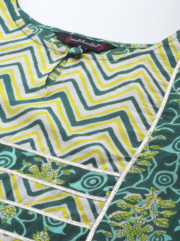 Indibelle Cotton Contrast Yolk Floral Print Kurta (Green)