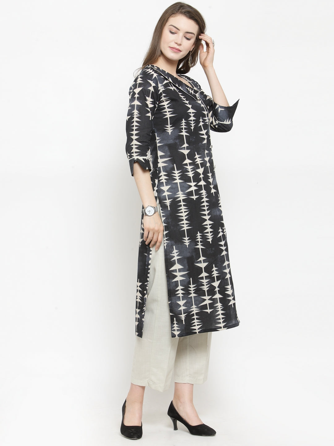 Indibelle black cotton abstract print straight kurta 