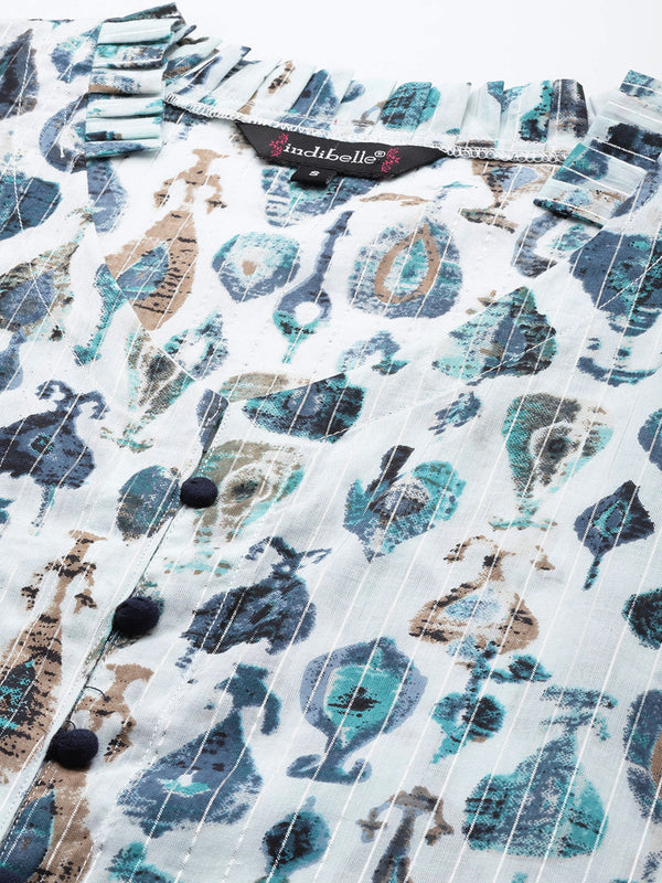 Indibelle Cotton Lurex Teal Abstract Print Kurta