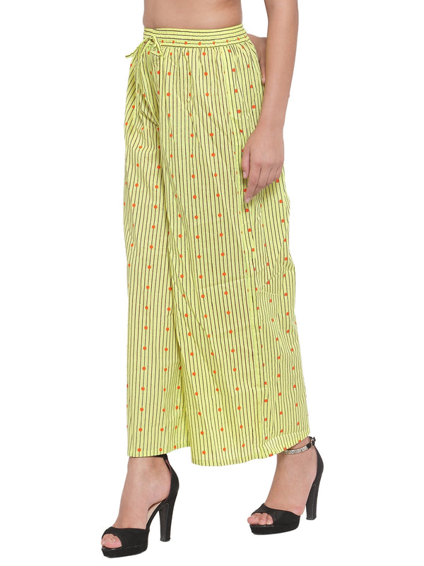 Indibelle Cotton Striped Dot Print Plazzo Pants (Yellow)