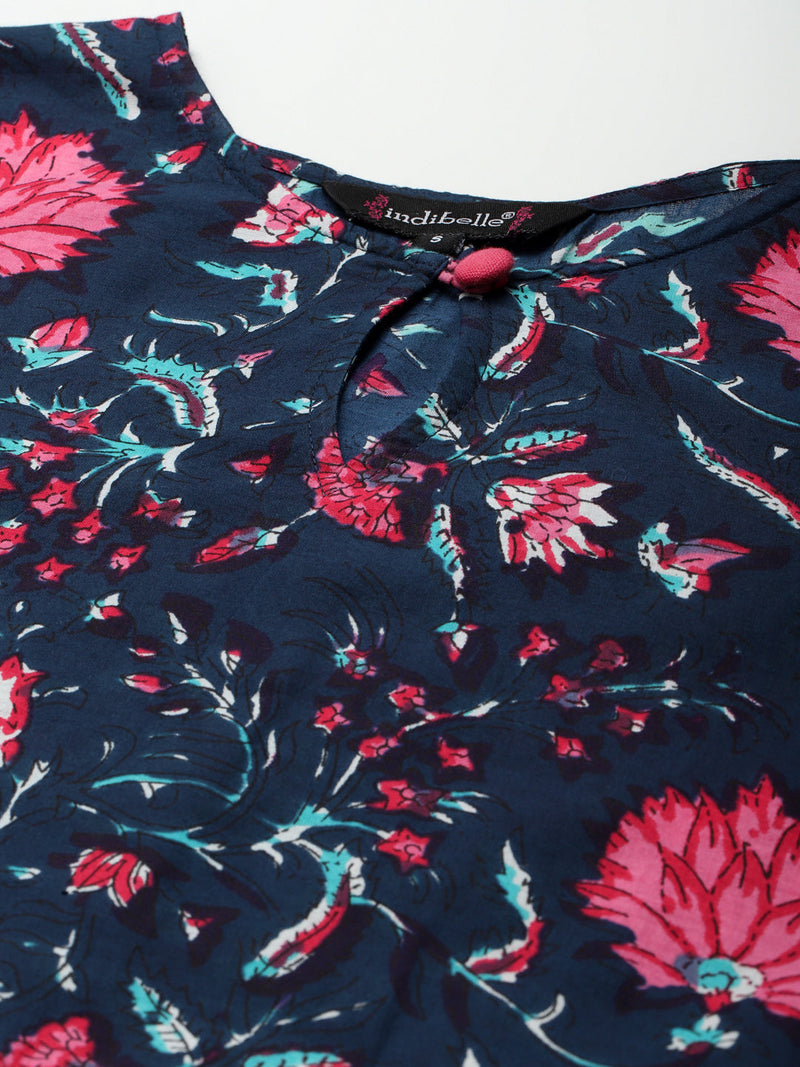 Indibelle Cotton Navy Blue Floral Print A-Line Dress