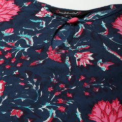 Indibelle Cotton Navy Blue Floral Print A-Line Dress