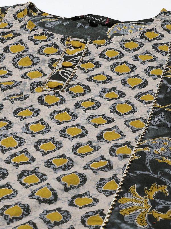 Indibelle Cotton Round Neck Floral Print Length A-Line Kurta Pant With Dupatta (Beige)