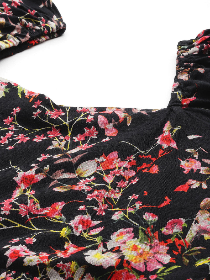 Indibelle Rayon Black Floral Print Dress